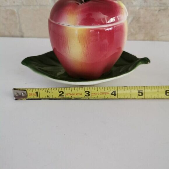Vintage ESD Japan Apple Shaped Jam Jar Lidded Honey Pot Ceramic Lefton Leaf - Picture 7 of 8